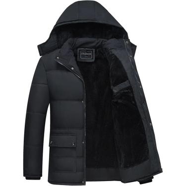 Imagem de Casaco acolchoado quente masculino para exterior, inverno, quente, curto, acolchoado, jaqueta quente para exterior, casual, comprimento médio, removível, pele sintética, capuz, 02-preto, XXL