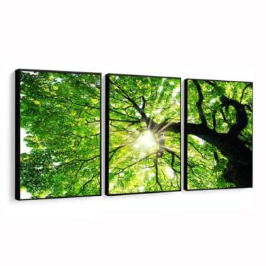 Imagem de Quadro Decorativo Arvore folhas verde paisagem moderno luxo Sala Quarto Com Moldura vidro (Moldura Preta, 60x80, Com Vidro)