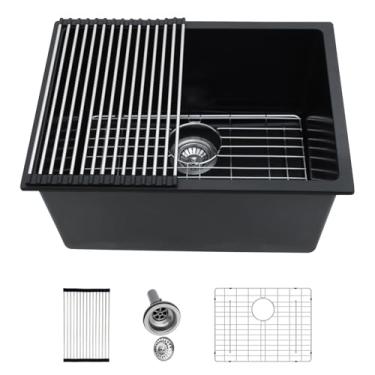 Imagem de Kichae Pia de lavanderia preta de 61 cm - 61 x 45 x 30 cm de granito composto preto embaixo da pia utilitária para lavanderia