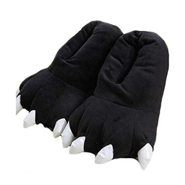 Imagem de HengQiu Pantufas unissex de pelúcia com pata de animal, felpudo, quente, para casa, dinossauro, pata, Preto, 5-8 Women/4-6 Men