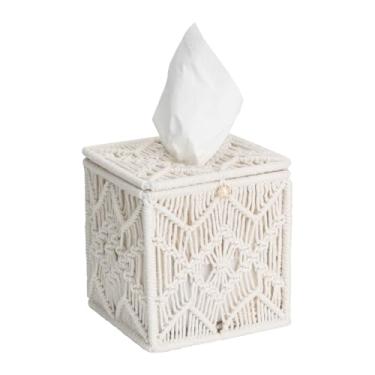 Imagem de Capa de caixa de tecido de macramê, design decorativo de corda de algodão tecido, quadrado, creme