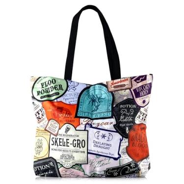 Imagem de CON*QUEST Bolsa sacola Harry Potter Potions Labels, tecido de poliéster durável, fecho de pressão, bolso interno estampado, laço elástico para varinha/caneta, 45 x 35 x 10 cm, mercadoria oficialmente