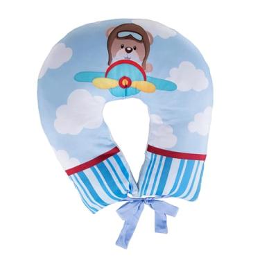 Imagem de Almofada para Amamentação Apoio para Bebê Confortável Estampado Com Laço Decorativo Ajustável Menino Urso Aviador Azul