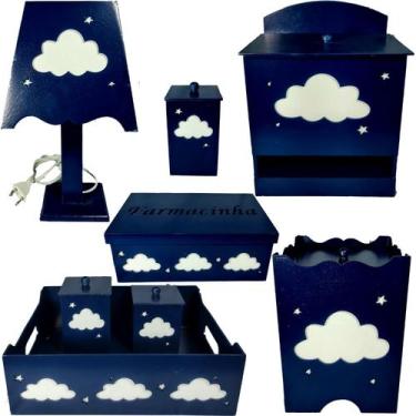 Imagem de kit higiene bebe mdf decorado 8 pçs - NUVEM AZUL MARINHO - Flores para