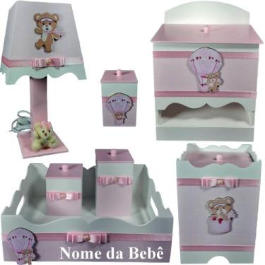 Imagem de Kit de Higiene de bebê Mdf quarto menina 7 pçs - URSINHA BALAO ROSA BB