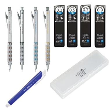 Imagem de Graphgear 1000 – Conjunto de quatro canetas mecânicas – 0. 3 mm, 0. 5 mm, 0. 7 mm e 0. 9 mm, com chumbo Ain Stein, borracha triangular tipo caneta retrátil Ain Clic e estojo branco Lihit Lab