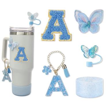 Imagem de Conjunto de acessórios Stanley Cup para Tumbler Stanley, incluindo capa de canudo de borboleta de 10 mm, pingentes de letras de copo, bota de silicone brilhante, adesivo de letras e adesivo bordado de
