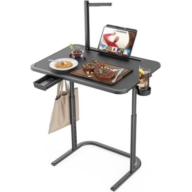 Imagem de SAIJI Bandeja de TV extragrande 2GG, bandejas de TV resistentes ajustáveis em altura e inclinação para comer, trabalhar, escrever, desenhar, mesa reclinável com luz LED, suporte de copos, suporte de