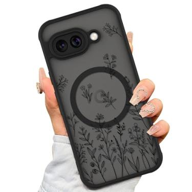 Imagem de AIGOMARA Capa magnética para Google Pixel 9a [compatível com MagSafe] Linda flor preta design floral para mulheres meninas TPU macio amortecedor rígido PC traseira antiqueda à prova de choque capa