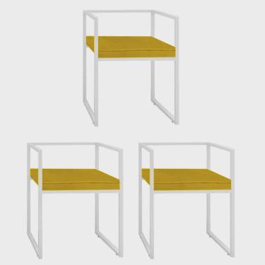 Imagem de Kit 03 Cadeira de Jantar Cubo Office Escritório Recepção Ferro Branco Corino Amarelo - Ahz Móveis