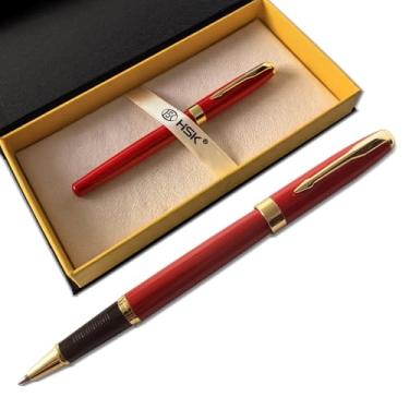 Imagem de HSK Canetas esferográficas Executive Caneta-tinteiro com acabamento dourado, conjunto de caixa de presente, disponível em preto, vermelho, azul marinho, preto, linha de recarga de 0,5 mm (vermelha)