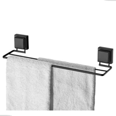 Imagem de Suporte Banheiro Porta Toalha Toalheiro De Banho Duplo Com Ventosa Sem Furo Preto Fosco
