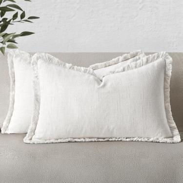 Imagem de MIULEE Capas decorativas para almofadas lombares de linho neutro, com franjas, conjunto de 2 capas de almofada brancas Boho Farmhouse com borlas para sofá, cama, sala de estar, primavera, decoração de