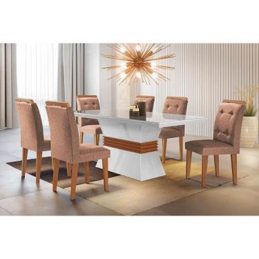 Imagem de Sala de Jantar Completa Ágata Tampo Madeirado c/ Vidro Canto Reto 120x80cm e 4 Cadeiras Imperatriz Capuccino/Linho Bege Turim - Rufato