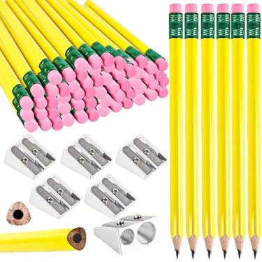 Imagem de 60 lápis grandes grandes grandes com 6 apontadores, lápis triangulares grossos com borrachas para crianças, iniciantes, pré-escolares, material de escritório