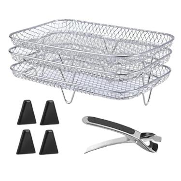 Imagem de Cesta de fritadeira a ar, 8 peças/conjunto de rack de fritadeira a ar 3 camadas de malha fina retangular cesta de aço inoxidável fácil de limpar acessórios para grelha, forno