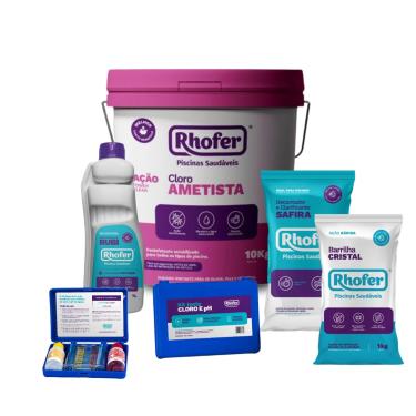 Imagem de Kit Completo para Tratamento de Piscinas Rhofer – Cloro 10kg, Clarificante 1L, Decantador 1kg, Barrilha 1kg e Teste de pH e Cloro