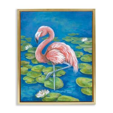 Imagem de Stupell Industries Arte de parede em tela flutuante com moldura dourada de flamingo e lírio, design de Diane Kater, 25 x 31