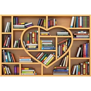Imagem de Baocicco Estante em forma de coração de 2,7 x 1,8 m Pano de fundo família livros de canto de aprendizagem fundo de fotografia volta às aulas papel de parede festa de leitura jardim de infância decoração de quarto de bebê foto infantil