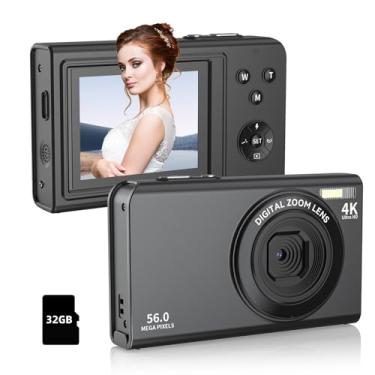 Imagem de Câmera digital, câmera 4K 1080p para fotografia, câmera digital compacta de apontar e fotografar com tela de 2,8 polegadas com zoom de 16X, antirvibração, câmera de 56 MP com cartão de 32 GB para