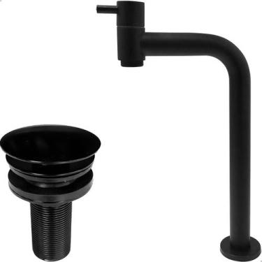 Imagem de Torneira Pia Banheiro Preta Bica Alta 90 Graus E Valvula Click  Inox T