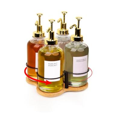 Imagem de IntreLife Organizador giratório de xarope de café, suporte de garrafa de xarope para dispensador de xarope de café de 500 ml, rack de xarope de café de bambu para bancada de café, acessórios de