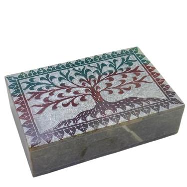 Imagem de KC KULLICRAFT Caixa de joias quadrada de mármore esculpida à mão | Organizador de armazenamento | Suporte de enfeite decorativo de bugigangas. (multicolorido, comprimento 15 cm x largura 10 cm x