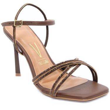 Imagem de Sandália Vizzano Salto Alto Tira Fina Strass Feminina - Marrom