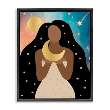Imagem de Stupell Industries Design de arte de parede em tela flutuante com moldura preta Woman Holding the Moon por Daniela Santiago, 25 x 31