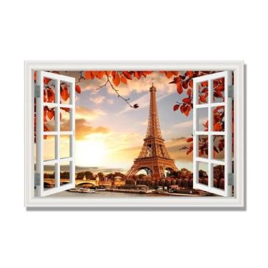 Imagem de Janela de arte de parede com impressão em tela. Vista de janela falsa. Impressão de imagem natural em tela. Arte de cenário para decoração de sala de estar. (Vista da Torre Eiffel de Paris 14). 70 x