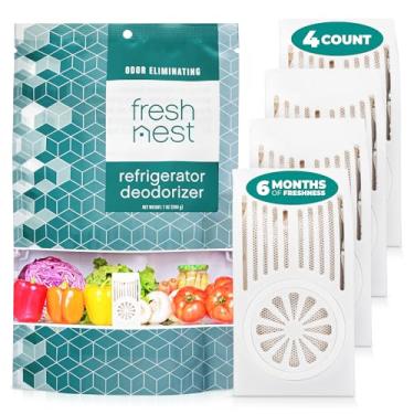 Imagem de Fresh Nest Desodorizador de geladeira com zeólitos (pacote com 4) - Eliminador de odores para geladeira e freezer - Supera os sacos de bicarbonato de sódio e carvão de bambu - Longa duração e seguro