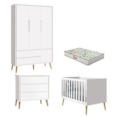 Imagem de Quarto De Bebê 3 Portas E Cômoda Gaveteiro Theo Branco Pés Madeira Natural Com Colchão Gazin - Reller