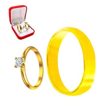 Imagem de Aliança 4mm Tungstênio Reta Ouro 18k Quadrada Noivado + Anel Solitario