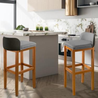 Imagem de Kit 2 Banquetas Luxo Alta Onix Base em Madeira Maciça Estofado em Linho Com Composê no Corino Preto