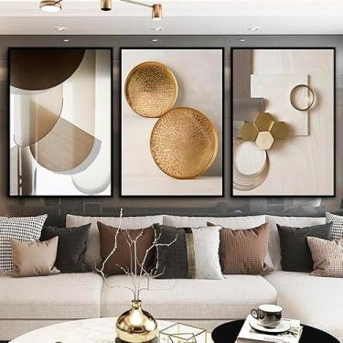 Imagem de Kit com 3 Quadros Decorativos 70x50 cm Abstrato Colagem com Moldura Caixa Preta de 3cm de profundidade, na posição Vertical ideal para ambiente de Sala, Quarto e Hall.