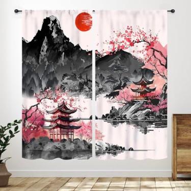 Imagem de Cortinas japonesas, paisagem de flor de cerejeira asiática, cortinas de animação japonesa para quarto de menino e menina, estilo pintura de tinta chinesa, sala de estar, cozinha, janela, tratamentos