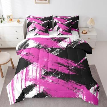Imagem de jejeloiu Conjunto de edredom de arte abstrata com lençol Queen, moderno, geométrico, para meninos, meninas, adolescentes, branco, preto, rosa, vermelho, para decoração de quarto