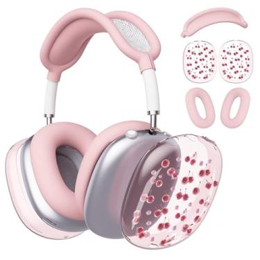 Imagem de BlHMCASE Capa de fone de ouvido para AirPods Max, capas fofas kawaii de cereja transparente, capa de silicone rosa para fones de ouvido para Apple AirPods Max