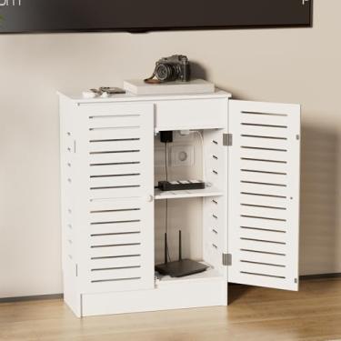 Imagem de veonly Caixa de armazenamento para roteador WiFi – Armário de ocultação multimídia com gerenciamento de cabos, modem roteador WiFi de piso, perfeito para casa e escritório