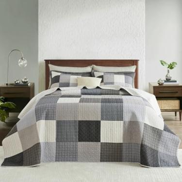 Imagem de FineStichery Colchas King extragrandes 120 x 120, 100% algodão, colcha com estampa xadrez de fazenda, leve e reversível, conjunto de cama acolchoado, 3 peças, todas as estações, cinza