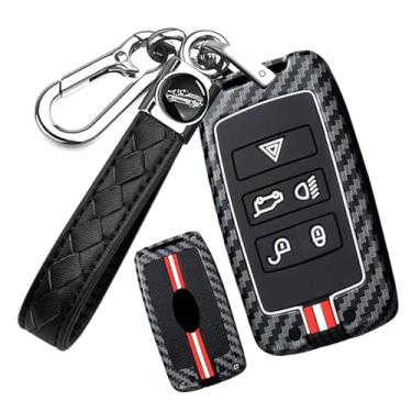 Imagem de HIBEYO Capa de chaveiro de carro adequada para Range Rover Evoque Velar Discovery LR4 Land Rover Sport Explore capa de chave de metal e silicone que brilha no escuro - Chaveiro B (linhas vermelhas e