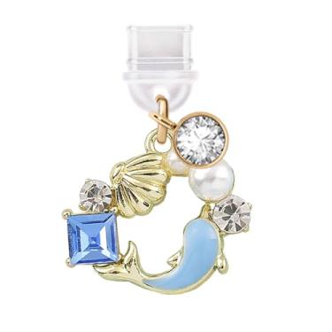 Imagem de ELISE & FONDA TP760 Tipo-C porta de carregamento antipoeira plugue cristal golfinho e shell guirlanda pingente de telefone celular para iPhone 15/16/Samsung/OnePlus/Xiaomi/oppo telefones Android (azul