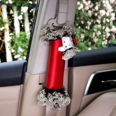 Imagem de MINGZAIQIPEI Carro urso de renda fofo auto vermelho interior acessórios quatro estações ajuste universal maioria dos carros SUV (2 peças ombreira)