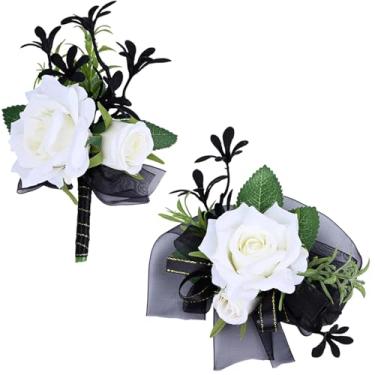 Imagem de MAFELOE Conjunto de 2 peças de flores artificiais Corsage Boutonniere para festas de formatura, negócios, celebração de negócios, decoração de terno - branco + preto (M5-Y3-GH)