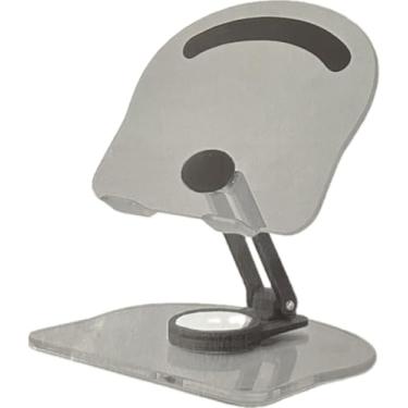 Imagem de Suporte de acrílico ajustável para tablet, prata, base giratória de 360 graus com função de inclinação, design dobrável para armazenamento compacto