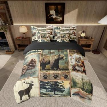 Imagem de Feelyou Conjunto de edredom rústico de urso de cabana com lençol King Size para caçar animais selvagens, para meninos, meninas, adolescentes, casa de fazenda, 7 peças, marrom castanho, macio