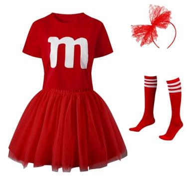 Imagem de Okbebe Letra M fantasia cosplay de Halloween feminina festa grupo equipe camiseta com saia tutu conjunto de meias faixa de cabeça (M, vermelho)