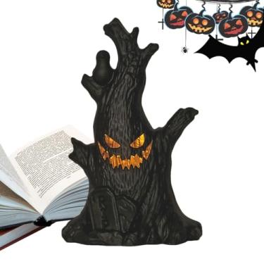 Imagem de Velas sem chama de Halloween – luzes de velas falsas de LED – Lâmpada fantasma sorridente toco de árvore operado por bateria para decoração de casa, mesa de café, sala de jantar, lareira, peitoril da