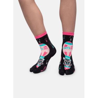 Imagem de Meia Soquete Puket Chinelinho Menina Guaxinim Balão Preto 23 a 33, Pre