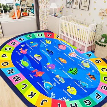 Imagem de USTIDE Tapete oval grande para crianças, 1,5 x 25 m, letras do alfabeto ABC, educativo e divertido, tapete de sala de aula, antiderrapante, tapete de aprendizagem de peixe do oceano, tapete de brincar